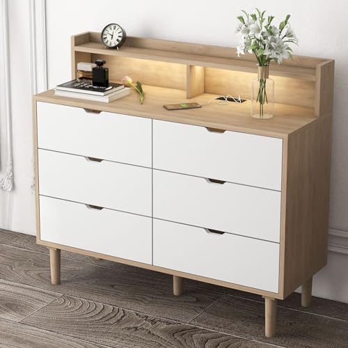 RUMI2033 Home White 6-Drawer Dresser with Charging Station and LED Light