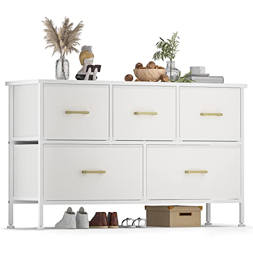 5-Drawer White Dresser with Steel Frame and Wood Top for Any Room