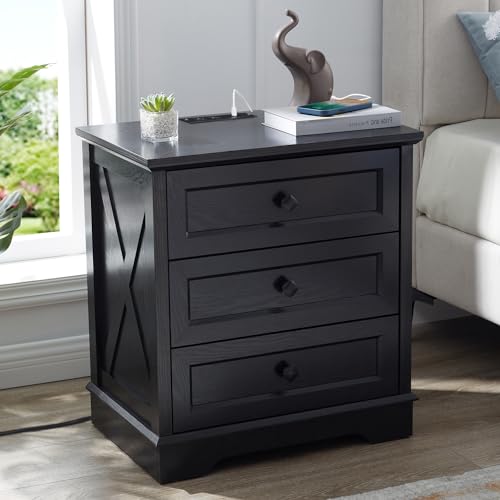 Modern 3 Drawer Dresser with Charging Station for Bedroom - Black