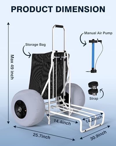 Beach Cart with Adjustable Height and Storage for Large Wheels